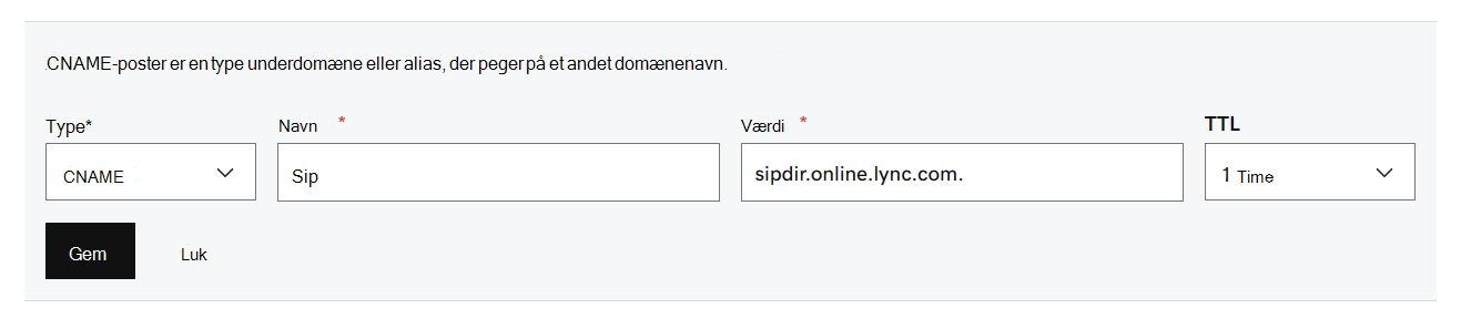 Udfyld værdierne fra tabellen for CNAME-posterne for Microsoft Teams.