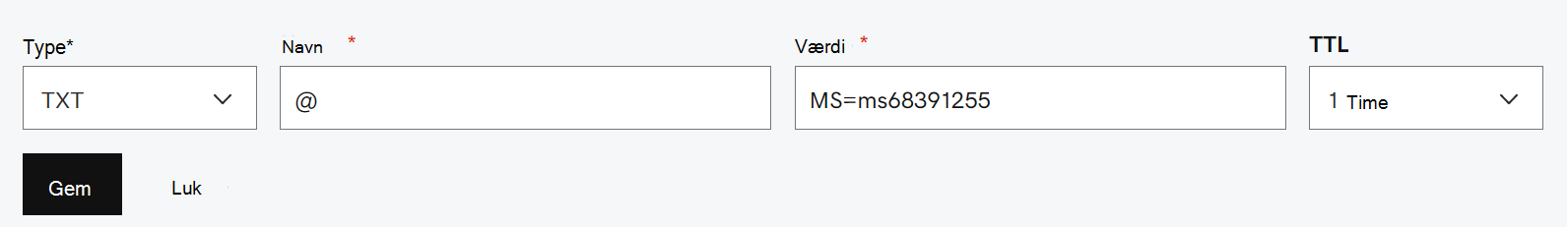 Udfyld værdierne fra tabellen for TXT-posten til domænebekræftelse.