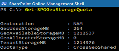 Skærmbillede af PowerShell-vinduet, der viser Get-SPOGeoStorageQuota cmdlet.