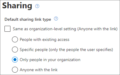 Skærmbillede af indstillinger for standardlinktype på SharePoint-webstedsniveau.