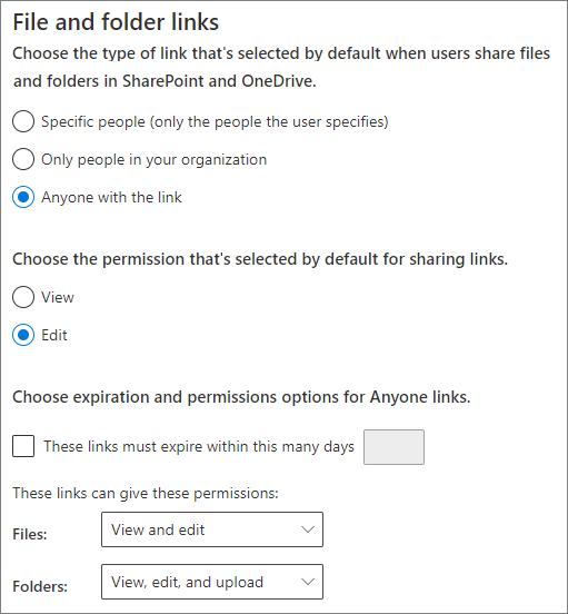 Skærmbillede af indstillingerne for deling af filer og mapper på organisationsniveau i SharePoint.