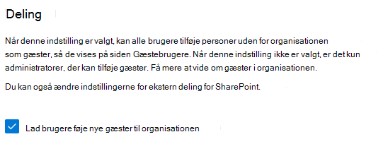 Skærmbillede af indstillingen for gæstedeling for sikkerhed og beskyttelse af personlige oplysninger i Microsoft 365 Administration.