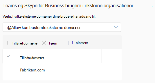 Skærmbillede af Indstillinger for ekstern adgang i Teams for Teams- og Skype for Business-brugere i eksterne organisationer med ét tilladt domæne.