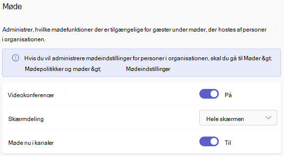 Skærmbillede af indstillinger for Teams-gæstemøde.