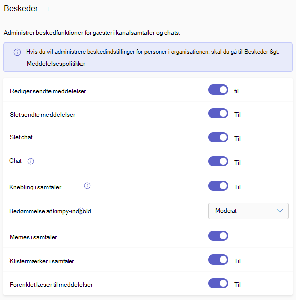 Skærmbillede af indstillinger for Teams-gæstebeskeder.