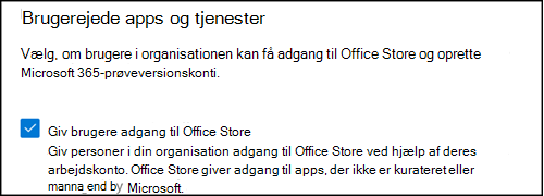 Giv brugeren adgang til indstillingerne for Office Store