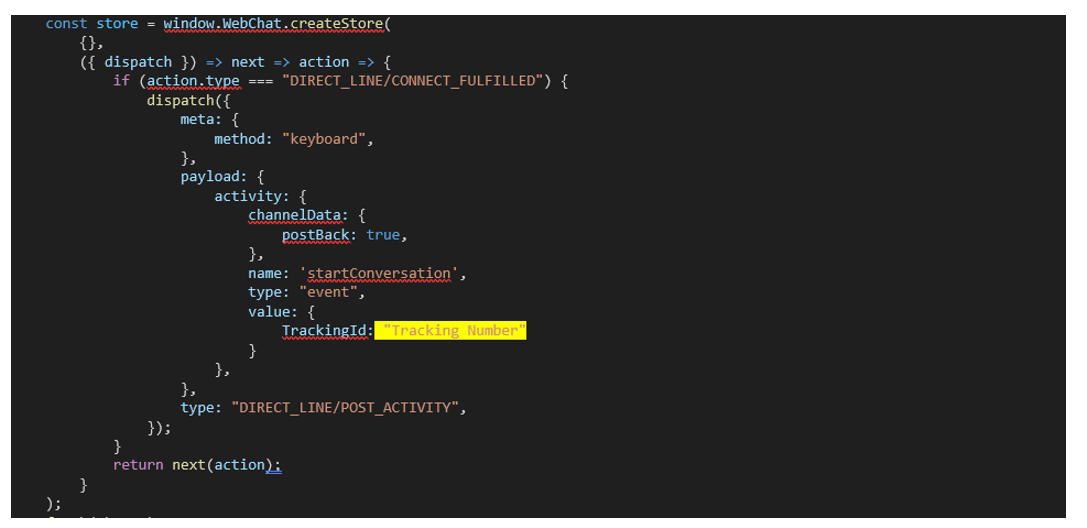 Skærmbillede af JSON-kodeblok, der fremhæver feltet TrackingId.