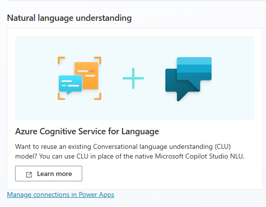 Skærmbillede, der viser området for forståelse af naturligt sprog på siden Sprogindstillinger, når dit Copilot Studio-miljø ikke er knyttet til Azure Cognitive Service for Language.