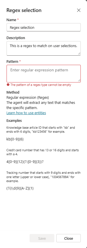 Skærmbillede af ruden for regex-objekter.