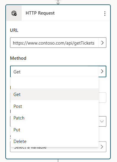 Skærmbillede af fuldført URL-adresse til API og metode dropdown