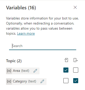 Skærmbillede af oprettelseslærredet, der viser ruden Variabler med to variabler, hvor der er valgt en kombination af input og output.