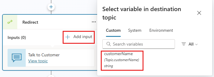 Skærmbillede af emnet Hilsen med variablen customerName tilføjet som input i en omdirigeringsnode.