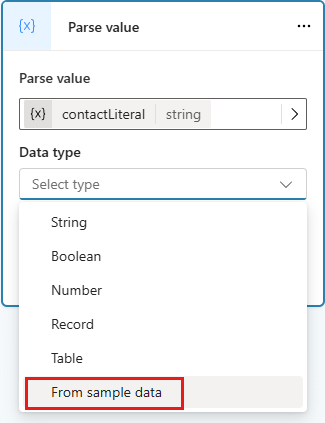 Skærmbillede, der viser valg af datatype for en Opdel værdi-node.