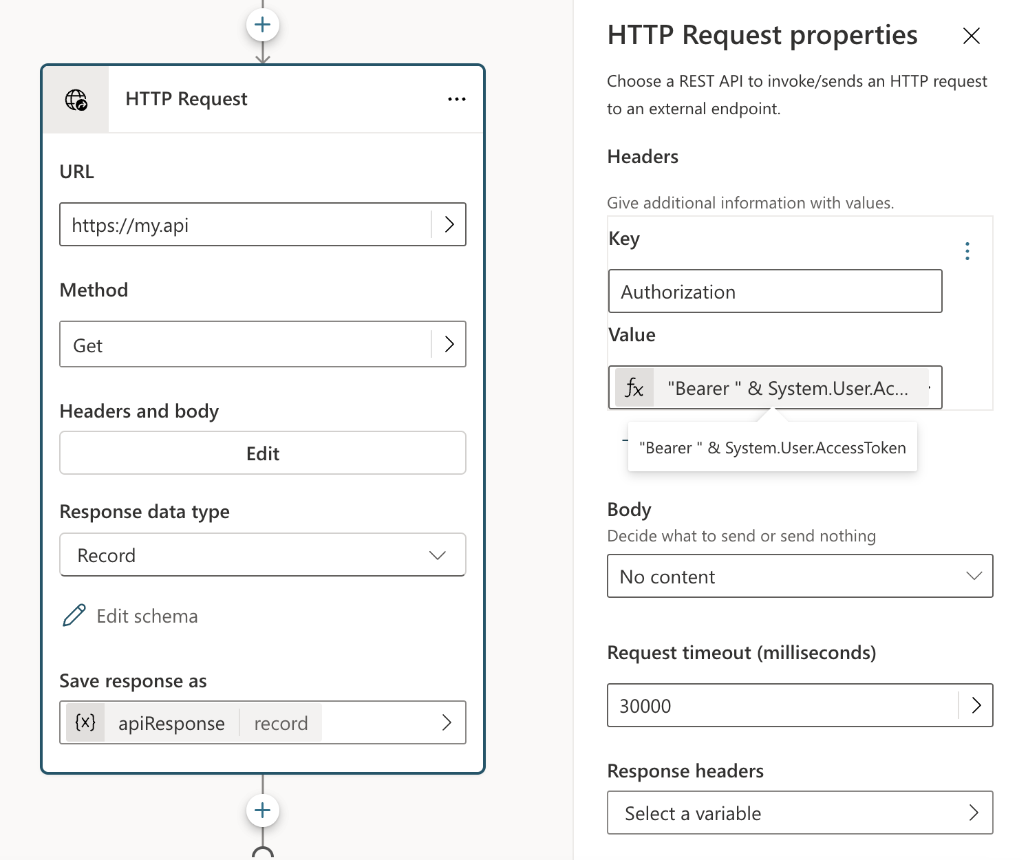 Skærmbillede, der illustrerer et HTTP-opkald, der har adgang til en sikker APU.