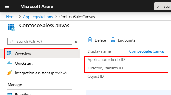 Skærmbillede af siden Oversigt over app-registrering i Azure-portalen med Oversigt, Program-id og Mappe-id fremhævet.