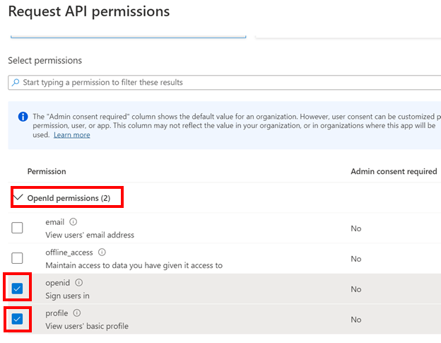 Skærmbillede med OpenId-tilladelser, openid og profil fremhævet.