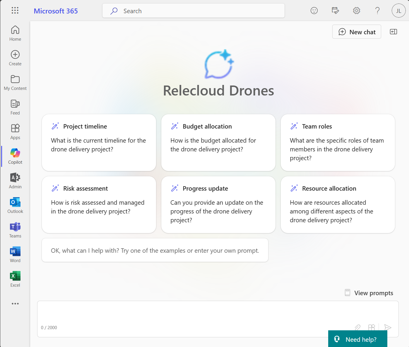 Skærmbillede af startprompts i Microsoft 365 Copilot chat