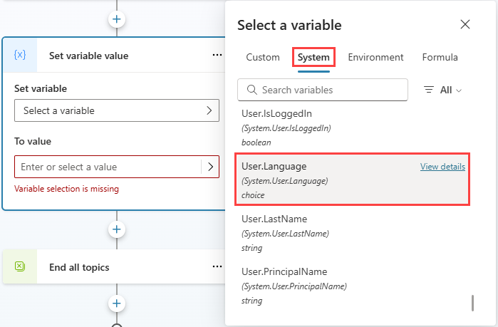 Skærmbillede, der viser en node med variablen Indstil, som definerer værdien for variablen User.Language.