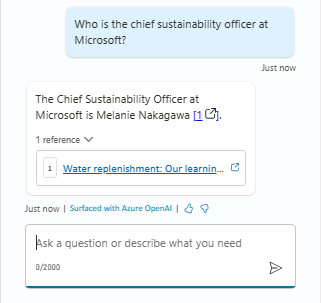 Skærmbillede, der viser en test af at spørge agenten, hvem der er hovedansvarlig for bæredygtighedsansatte i Microsoft Sustainability Insights.