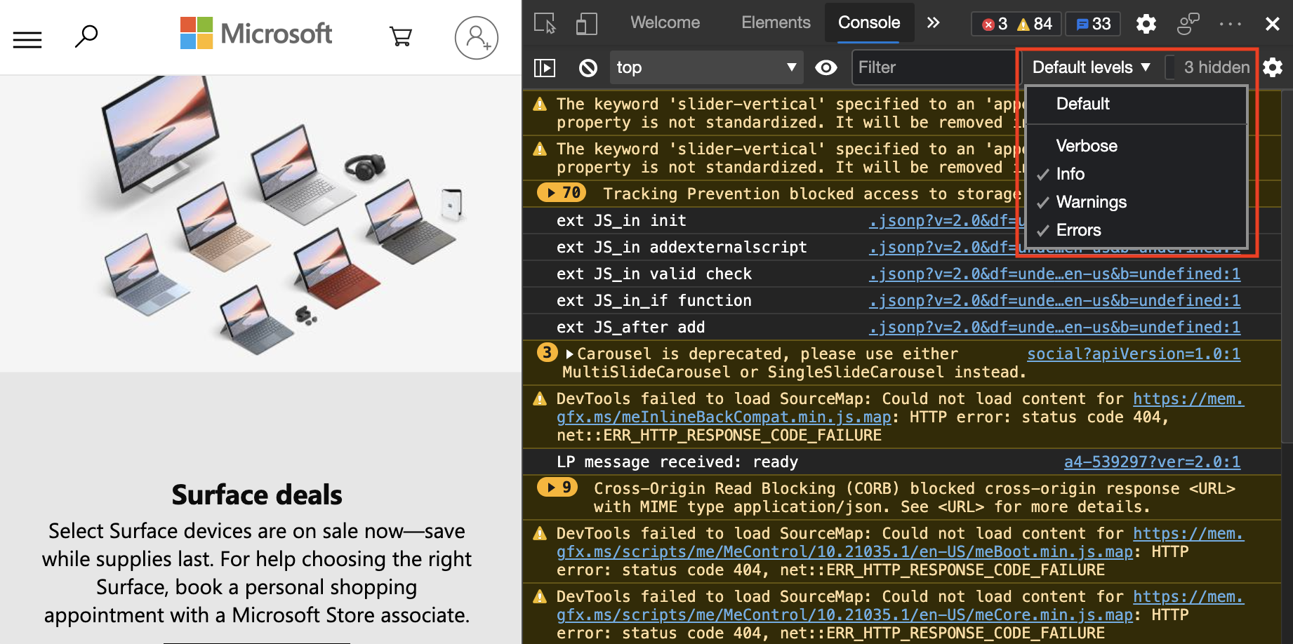 The dropdown menu filters Console messages using the log level