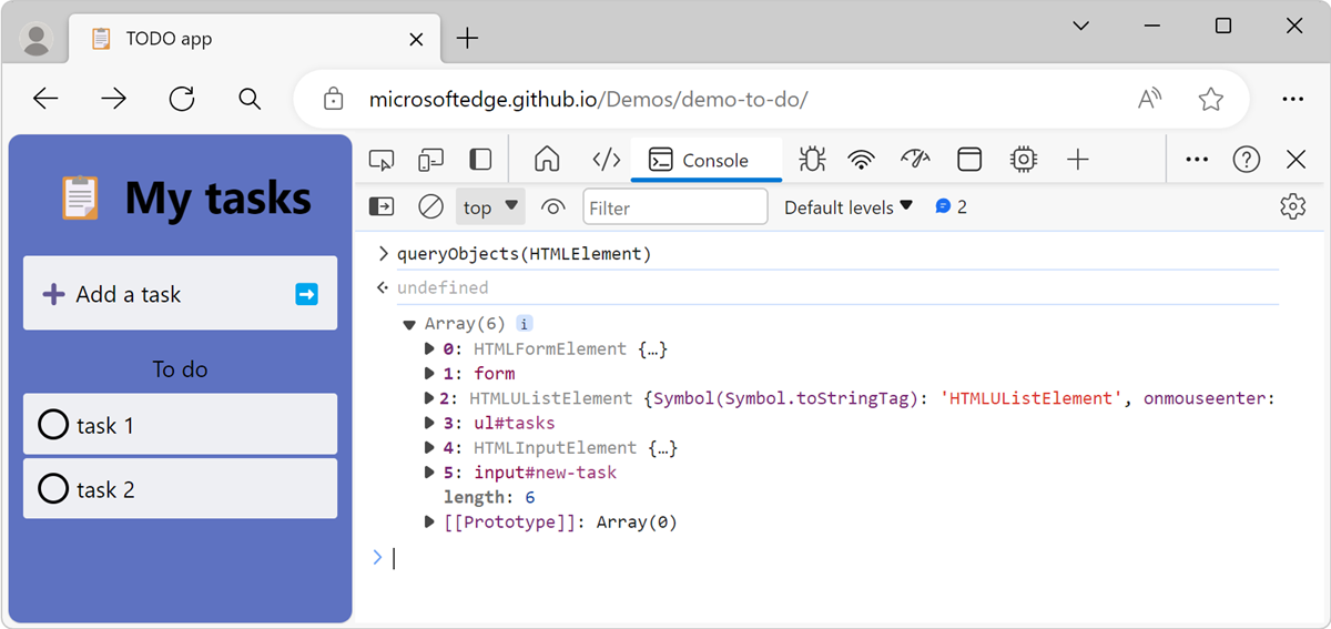 The result of the queryObjects() function