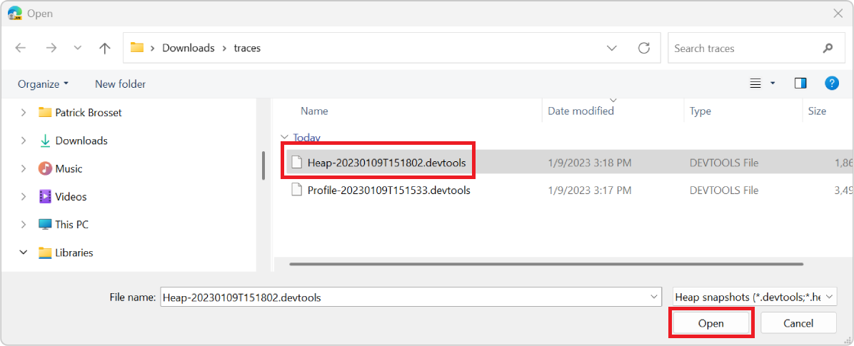 The Windows open dialog, showing a memory trace file