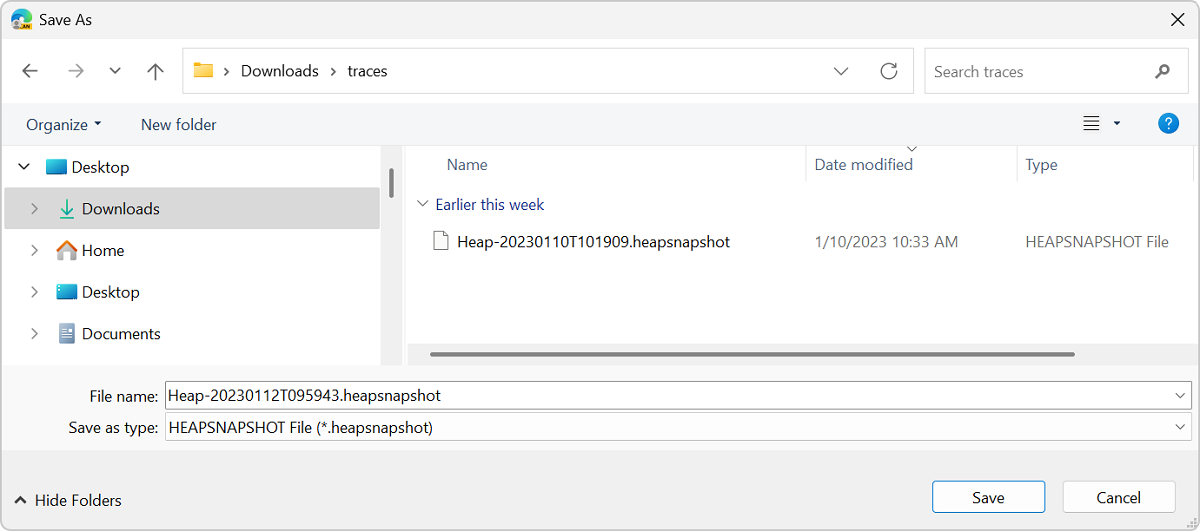 The Windows save dialog, showing the memory trace file being saved in a traces folder