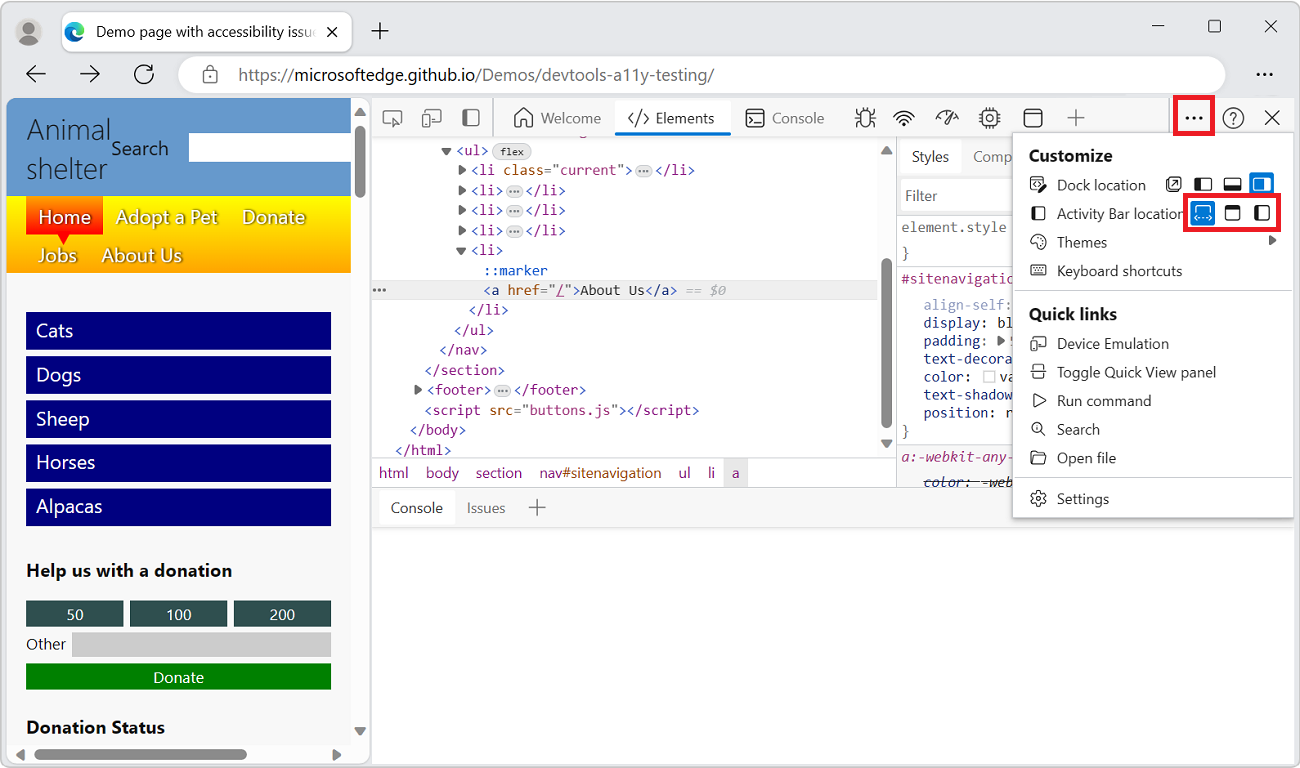 The 'Customize and control DevTools' menu of DevTools, showing the various Activity Bar location options