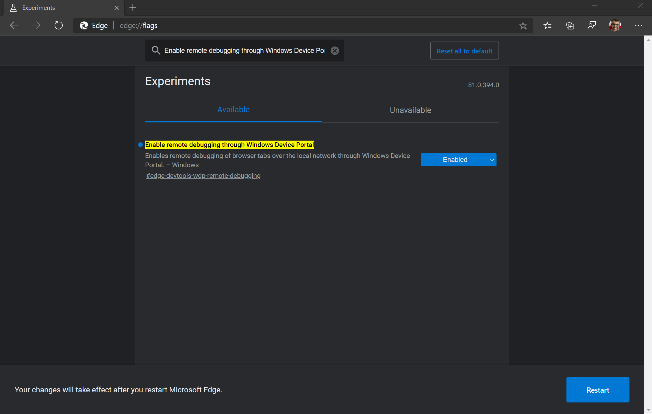 Setting 'Enable remote debugging through Windows Device Portal flag'