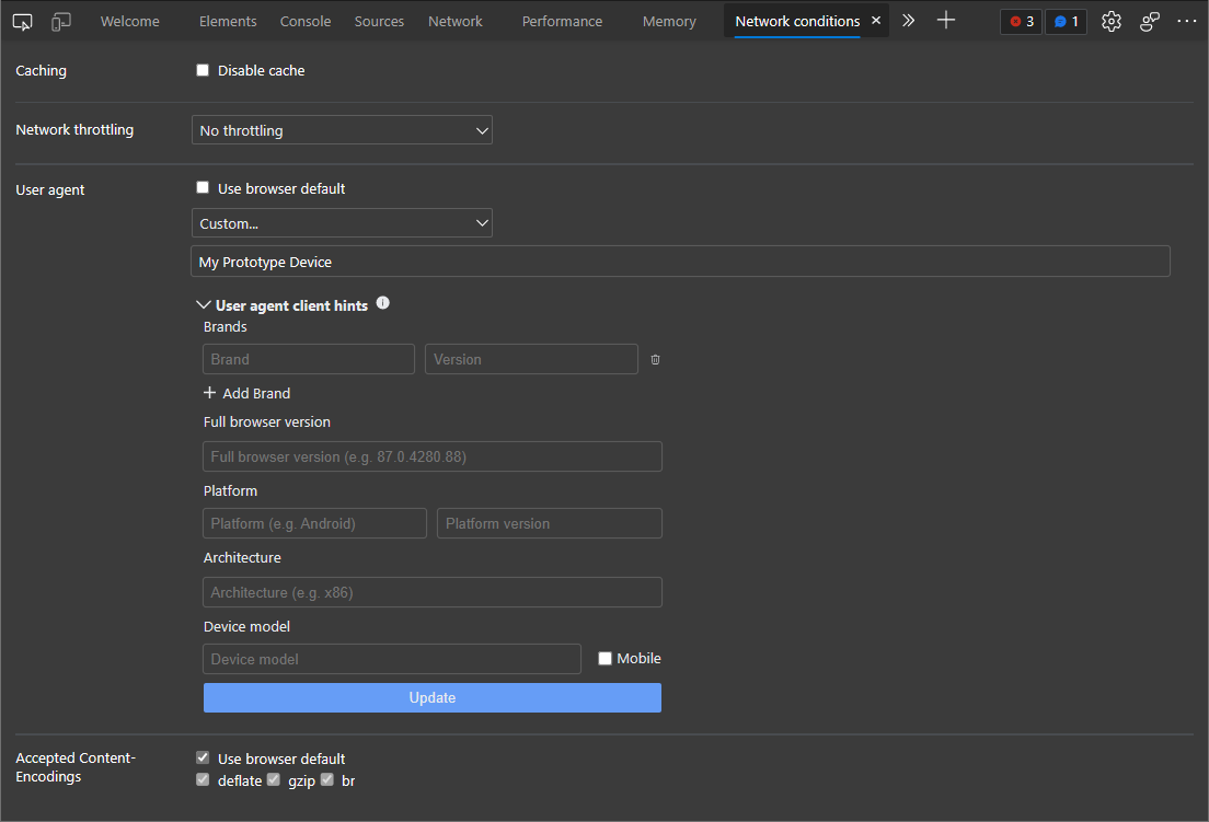 Defining User-Agent Client Hints for a custom device in the Network conditions tool