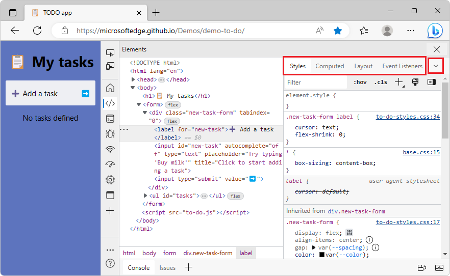 The collapsed tab-set in the Styles pane in Focus Mode