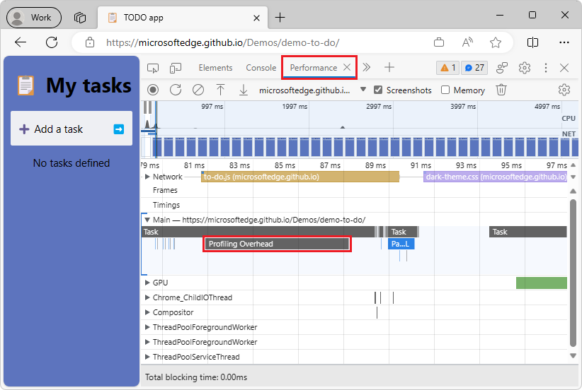 The "Profiling Overhead" block of time in a recorded Performance profile