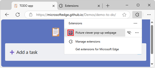 The extension's icon in the Extensions pop-up list