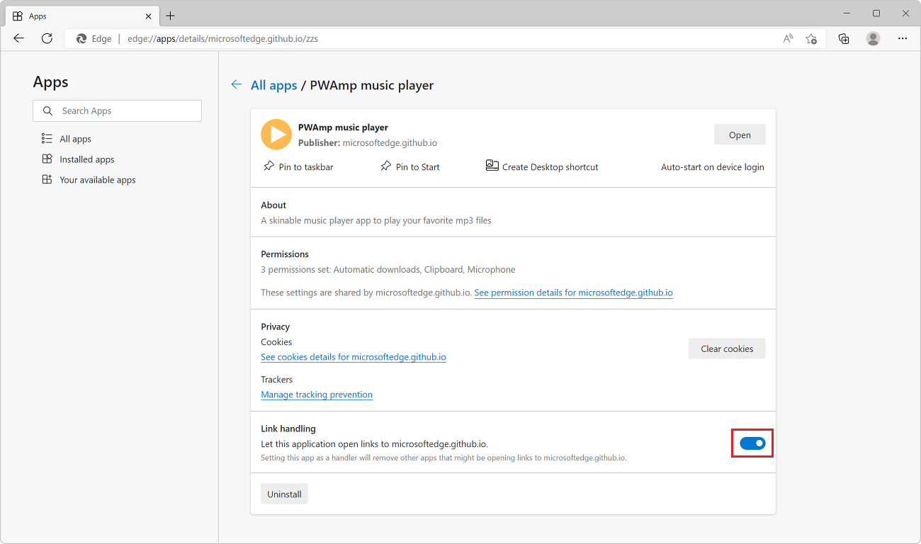 The edge://apps details page for the PWAmp music player app, showing where the link handling toggle button is