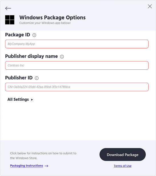 Pasting publisher information into the Windows Package Options page