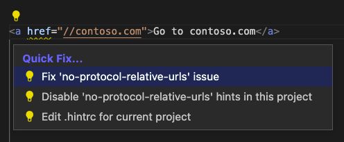 The Quick Fix panel opened next to the anchor element with the error, offering several Quick Fix options