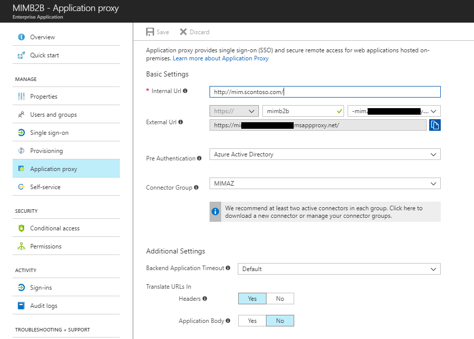 Screenshot showing the MIM B 2 B manage application proxy screen.