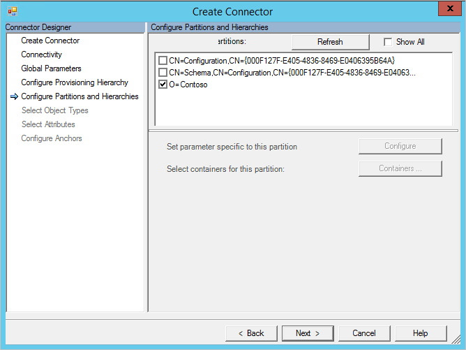 MIM Sync connector configuration Partitions page