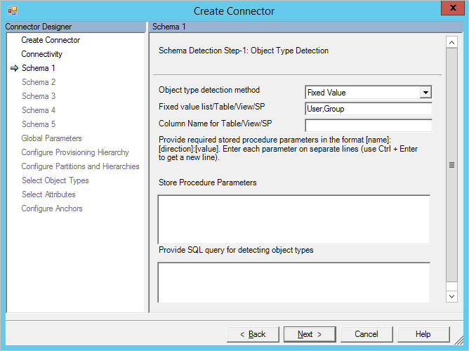 Screenshot showing the two object types entered in the fixed value list field, and a Next button.