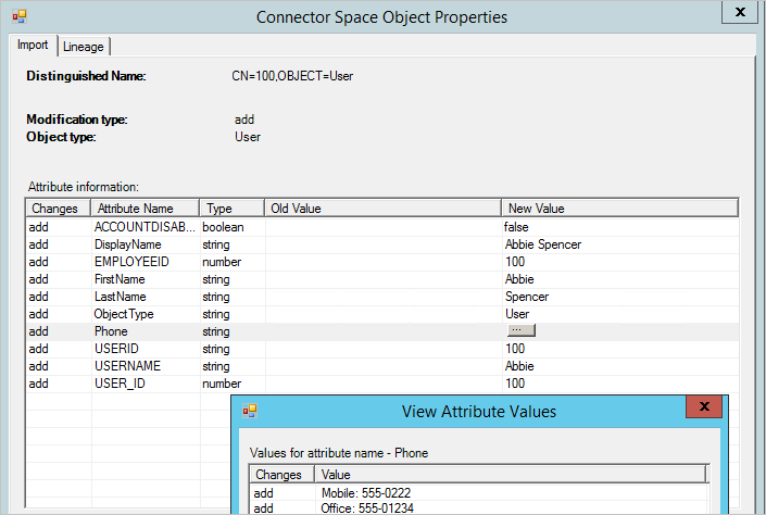 Screenshot of data showing a user with two phone numbers.