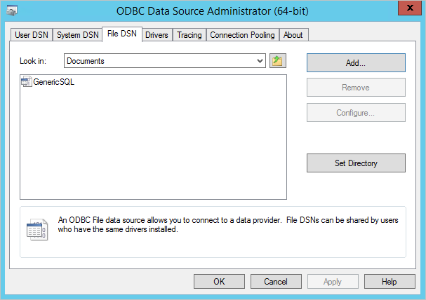 Screenshot of the O D B C management utility with the File D S N tab selected and the new O D B C configuration file listed.