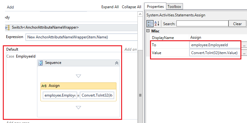 Screenshot showing the To and Value properties for this activity.