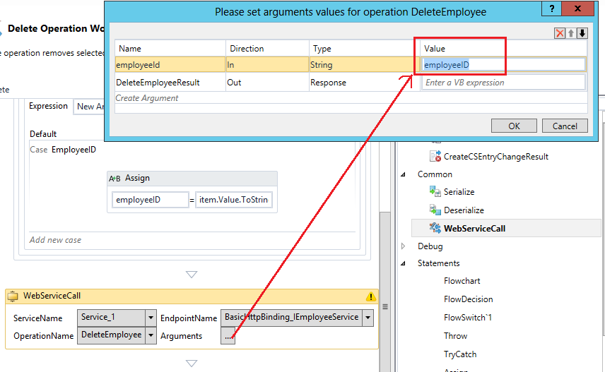 Screenshot and call out showing arguments values for adding a Web Service call activity.