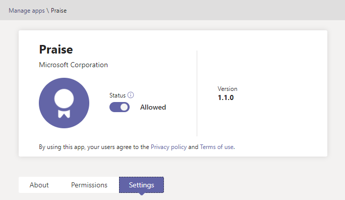 Screenshot of the Praise app details page in the Teams admin center, showing the Status toggle.