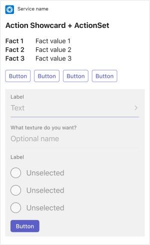 Example shows an Adaptive Card action set card on mobile.