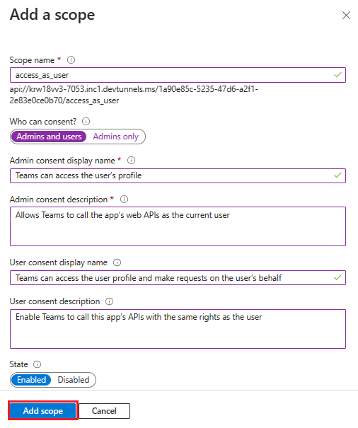 Screenshot shows the values filled in the field to Add a scope.