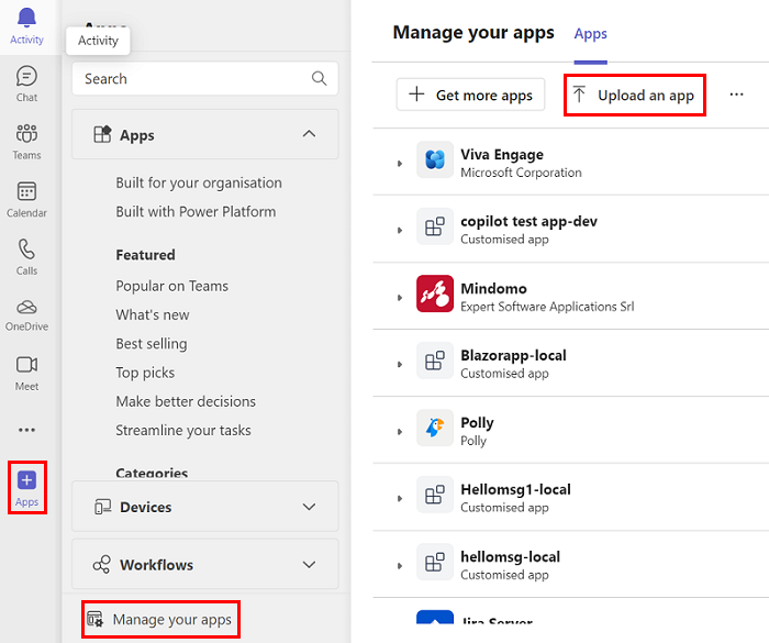 Screenshot shows the Upload an app option highlighted.