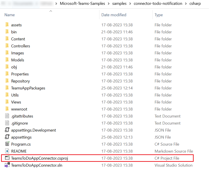 Screenshot of cloned repository with TeamsToDoAppConnector.csproj highlighted in red.