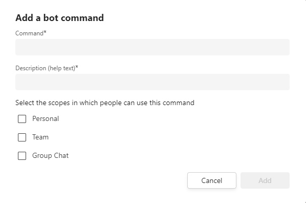 Screenshot shows how to add a command, description, and scopes for your bot.