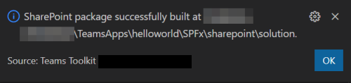 Screenshot for the SPFx App Package message